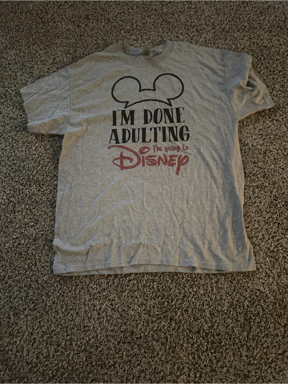 Gildan Gray "I'm Done Adulting" Graphic Tee with Red Disney Script